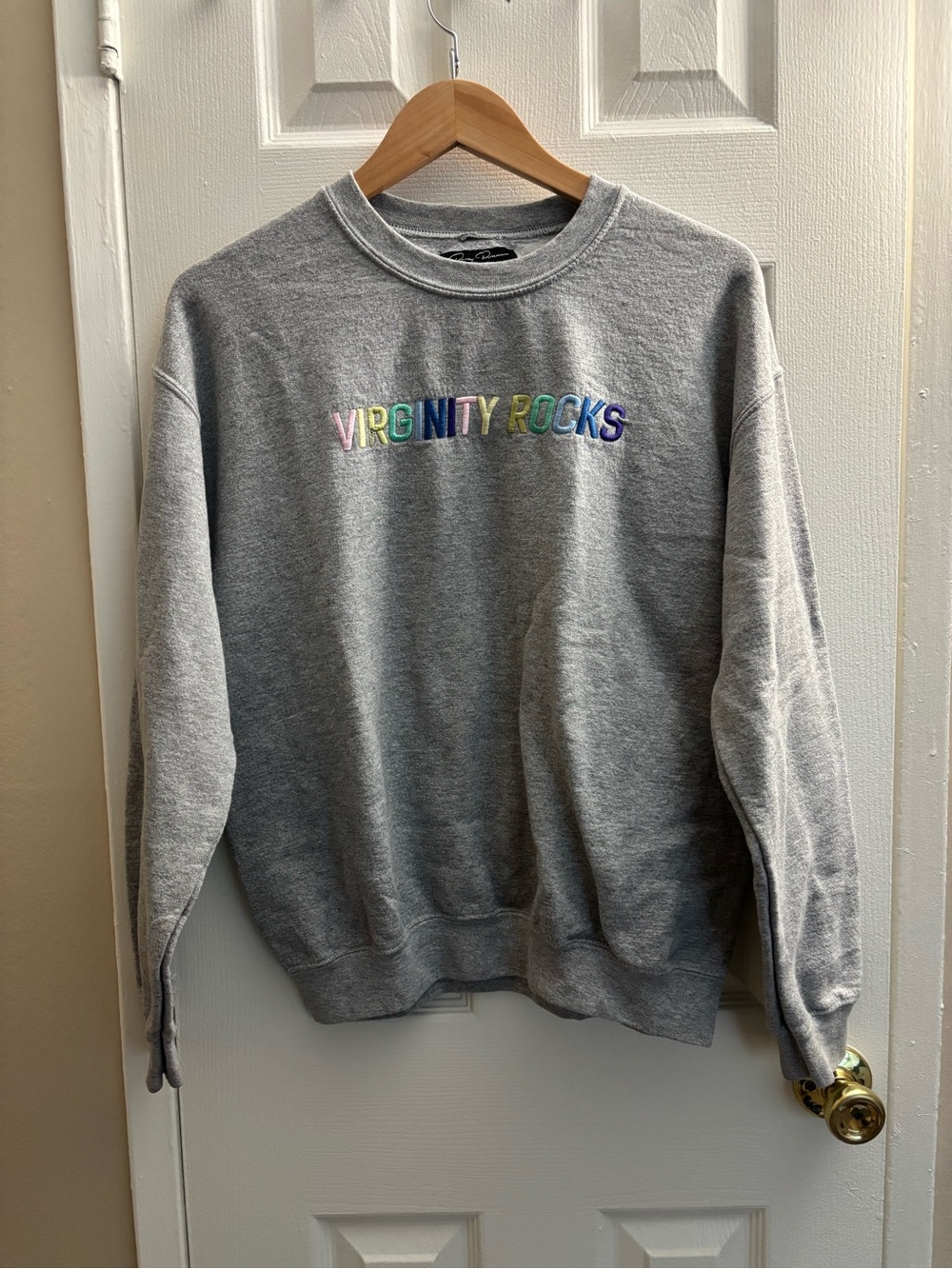 Gray Kids Crewneck Sweatshirt with Colorful 'Virginity Rocks' Embroidery